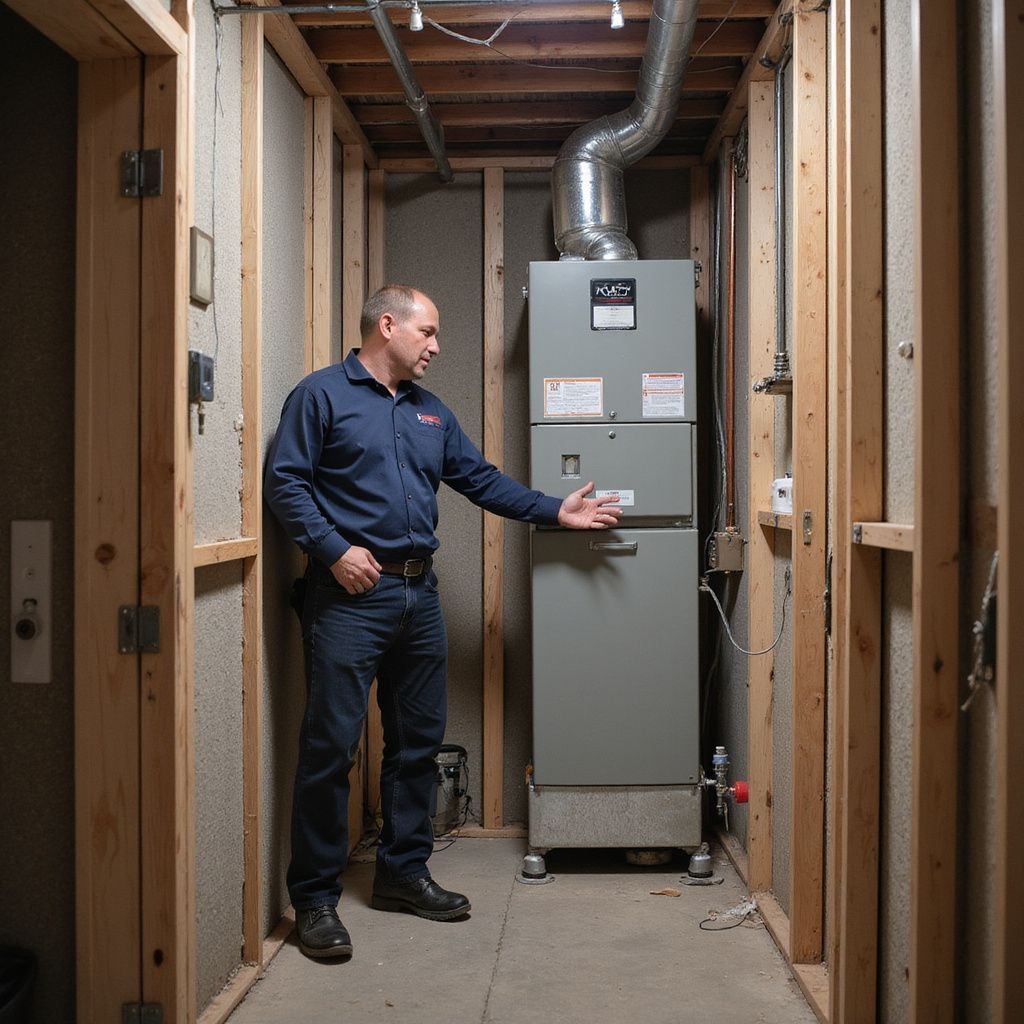 Man in blue uniform pointing at a furnace in a small room with exposed wooden studs.
