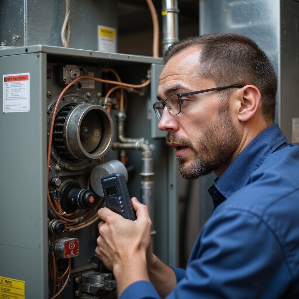 HVAC technician examines furnace with a handheld device. He wears glasses and a blue shirt, looking intently.