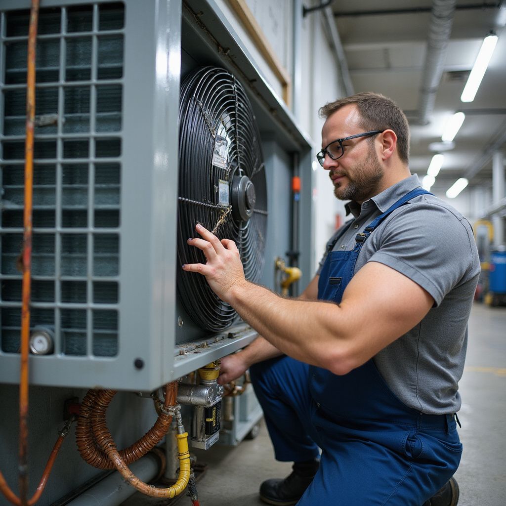 Technician in blue coveralls inspecting HVAC unit.