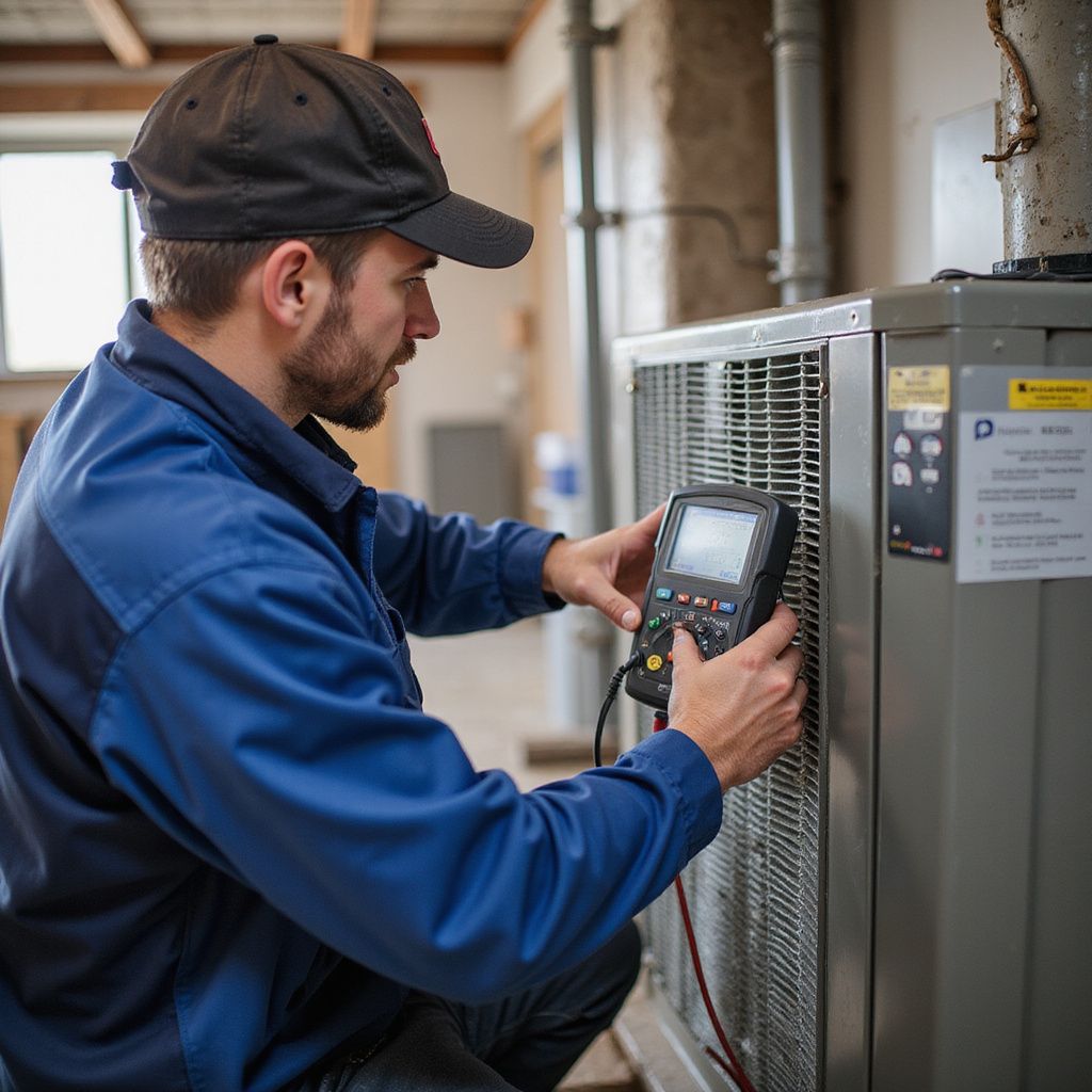 HVAC technician in blue uniform examines a unit with a meter. Indoors, near a window and pipes.