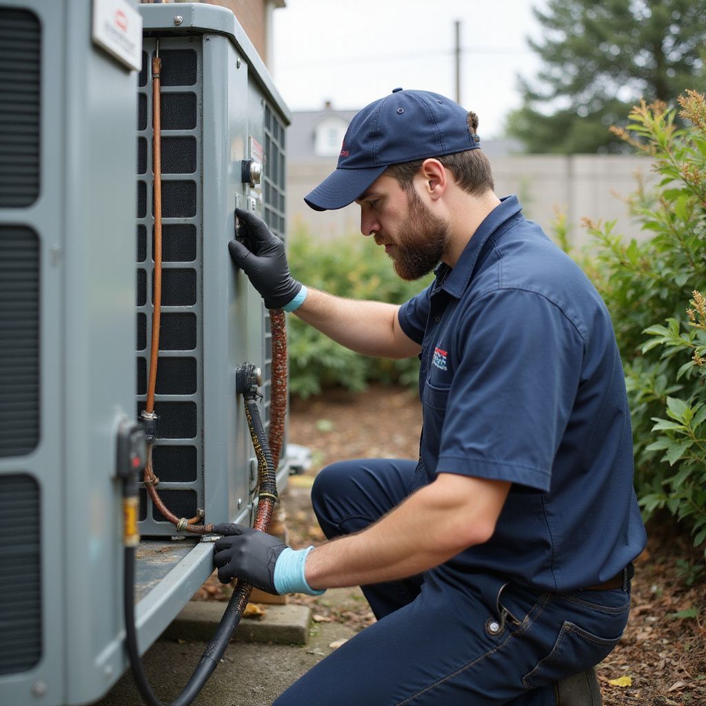 HVAC technician in blue uniform kneels, inspecting an air conditioning unit outside, wearing gloves and a cap.
