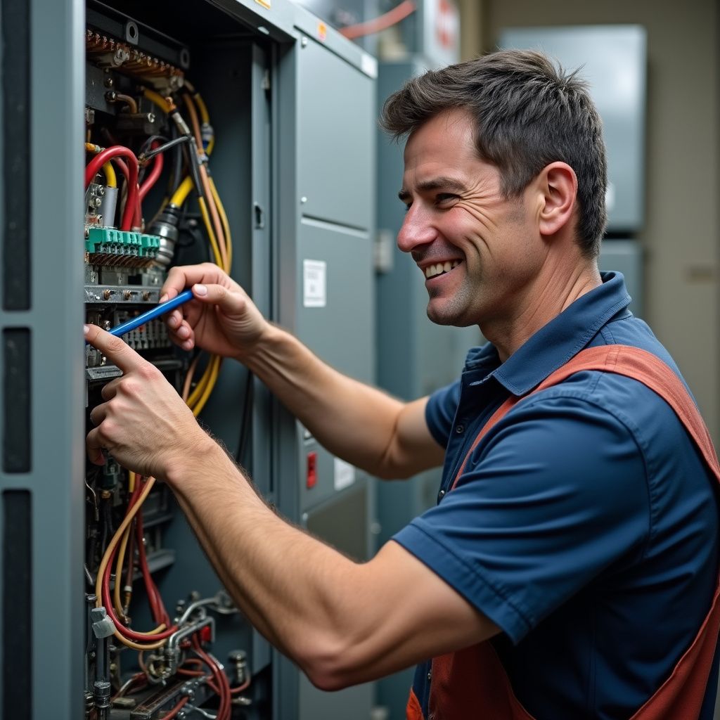 Electrician smiles while working on electrical panel, using a tool with wires.