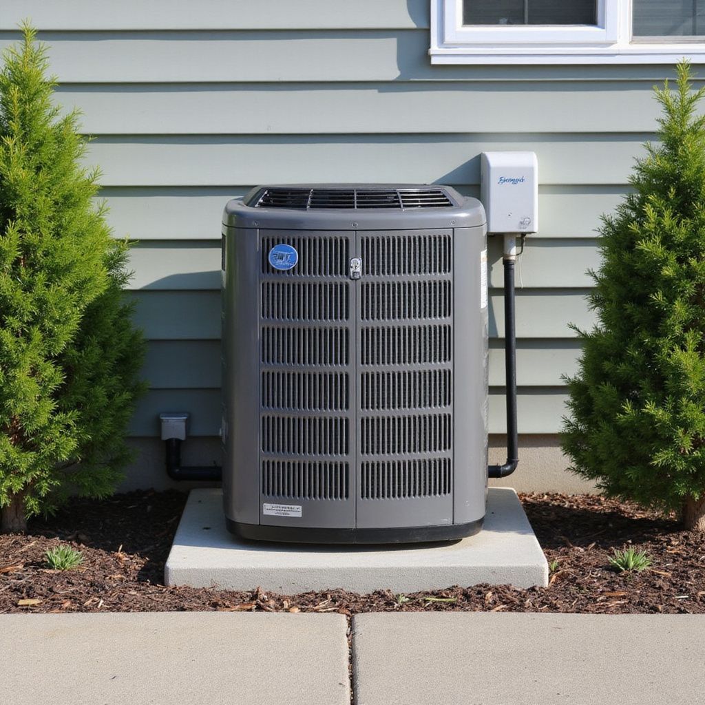 Air conditioner unit outside a light green house, flanked by two small evergreen trees.