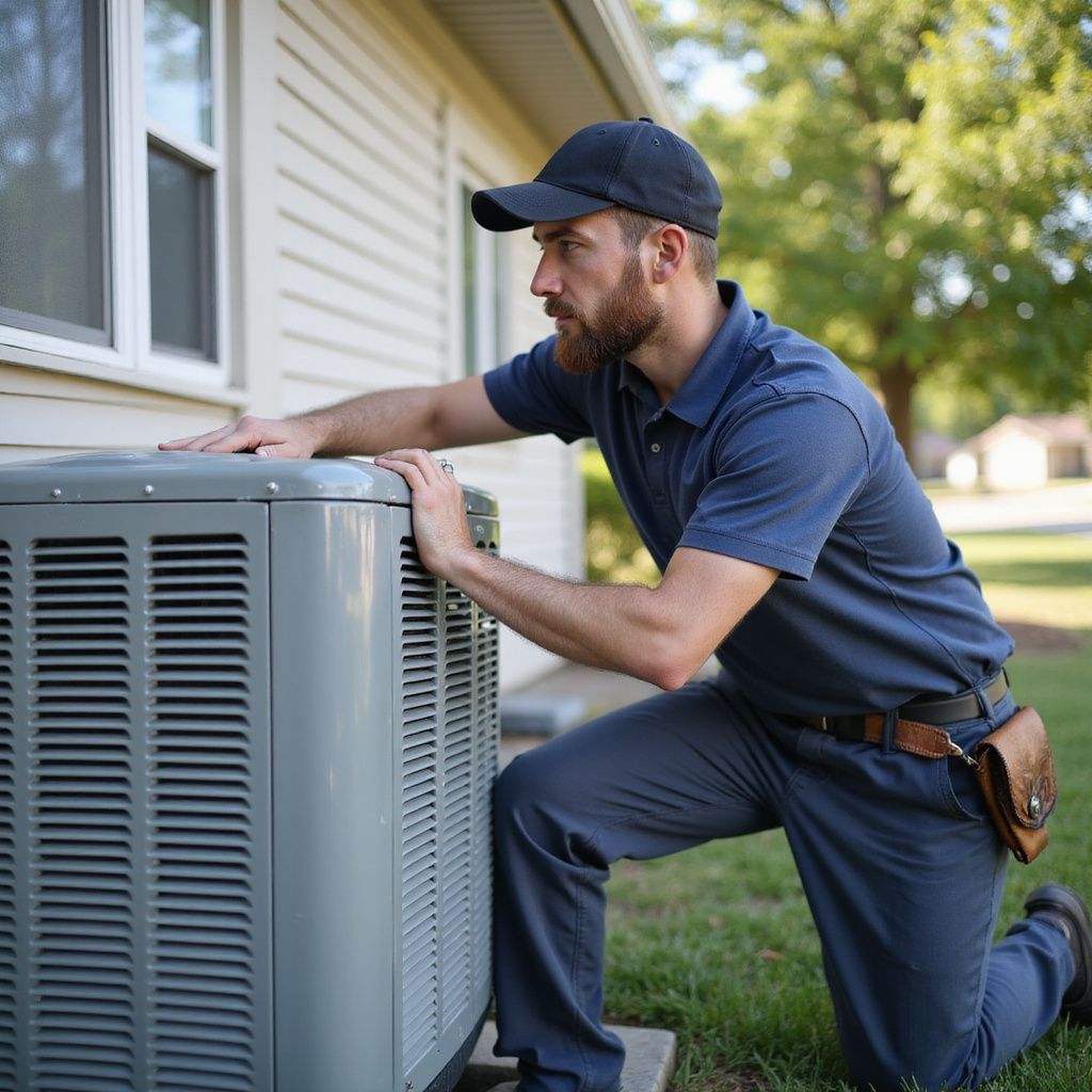 HVAC technician kneeling, examining an air conditioner unit outside a house.