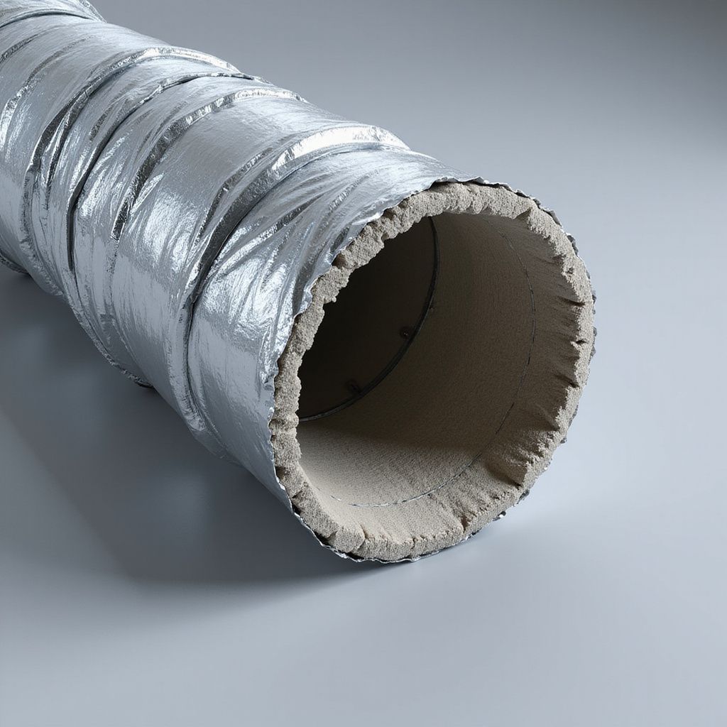 Flexible ductwork with silver insulation, lying on a gray surface, interior visible.