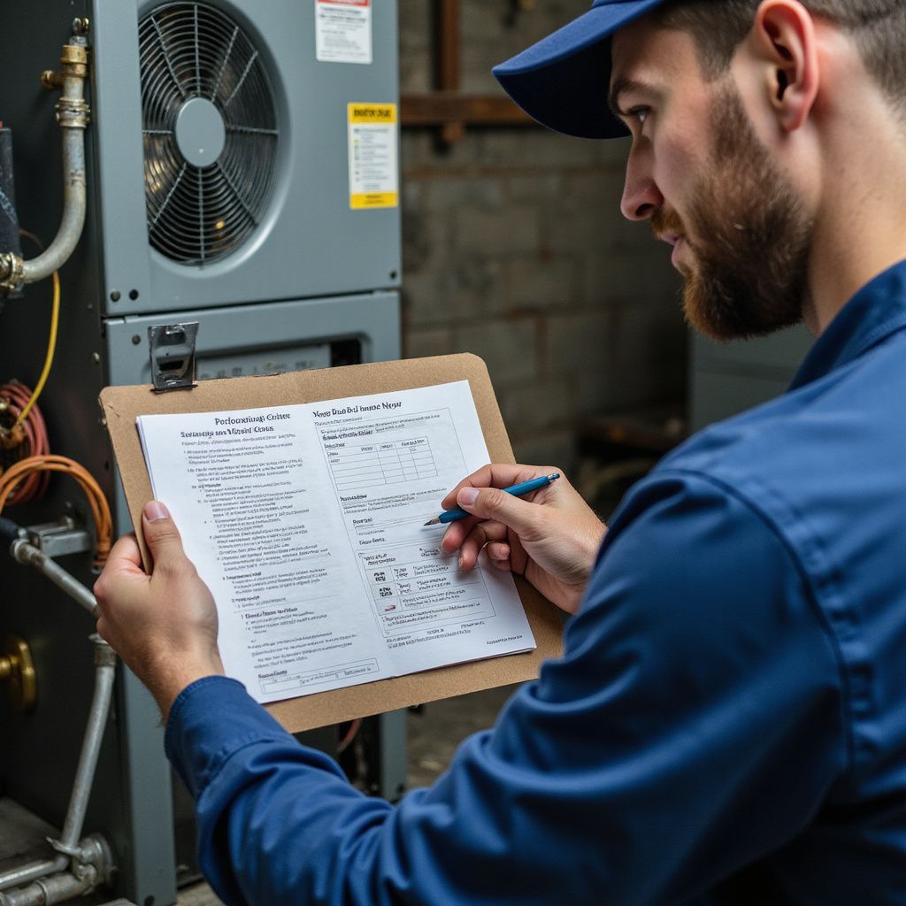 HVAC technician in blue uniform inspecting equipment, writing on clipboard.