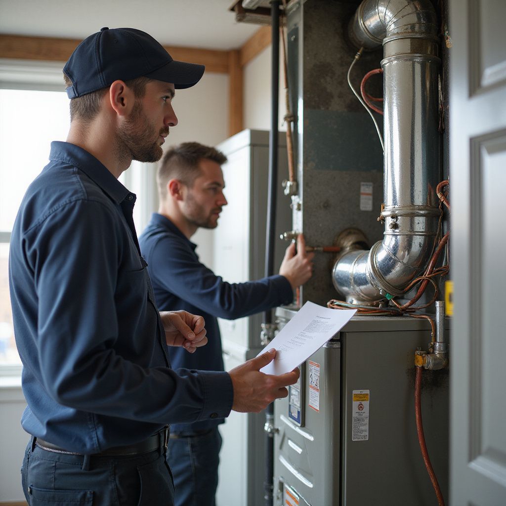 Two HVAC technicians inspecting a furnace, one holding a document.