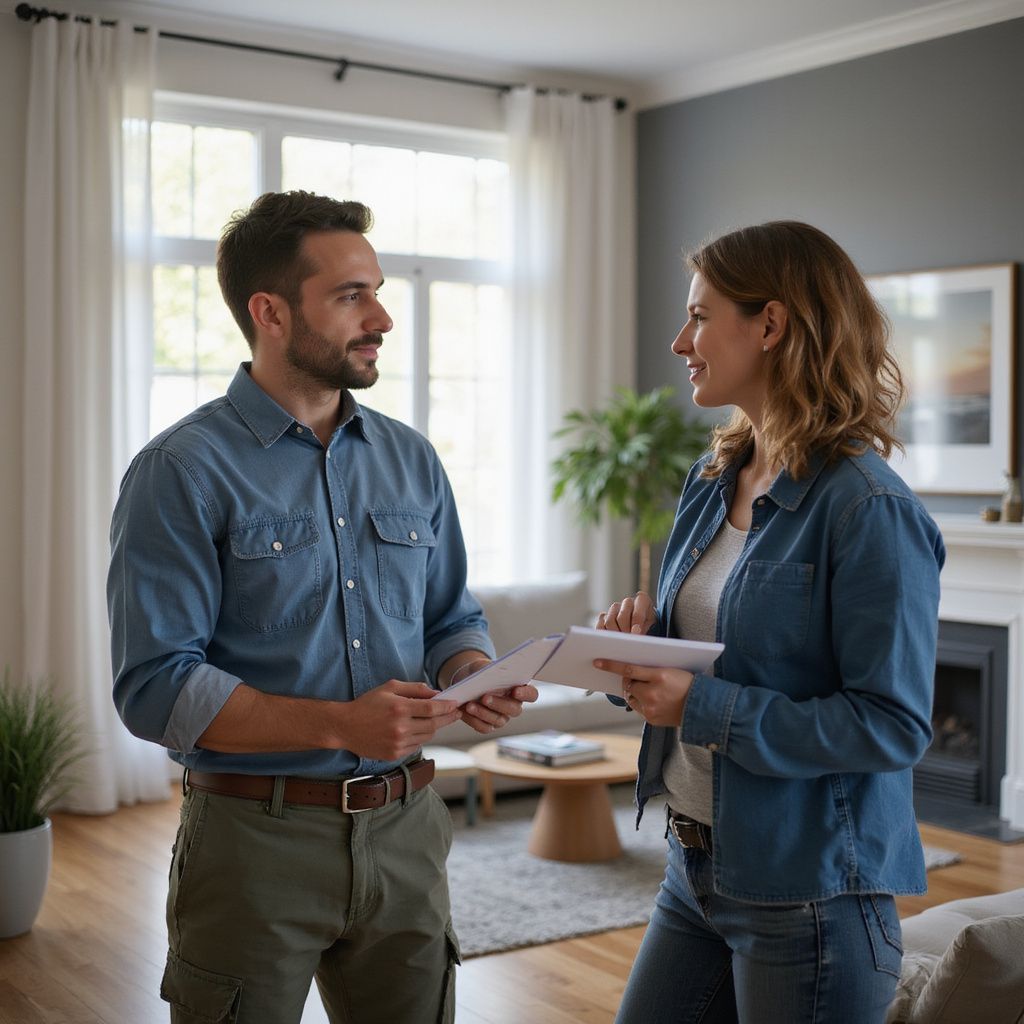 Man and woman in a living room, discussing papers. Man wears denim shirt, woman wears denim jacket, both hold papers.