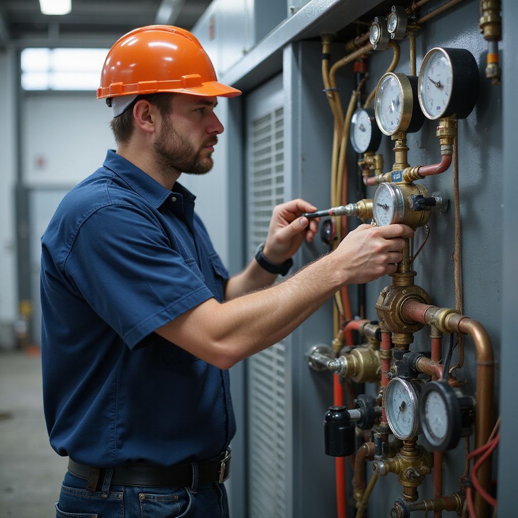 Mechanic in orange hard hat adjusts gauges on machinery.