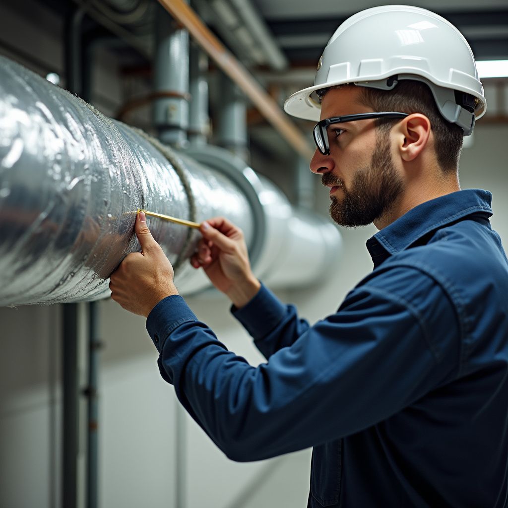 Man in hard hat and glasses inspecting ductwork with a pen in a utility room.