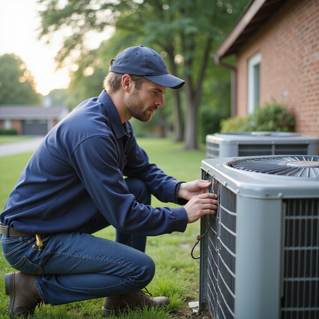 HVAC technician in blue shirt and cap inspecting an air conditioning unit outside a brick house.