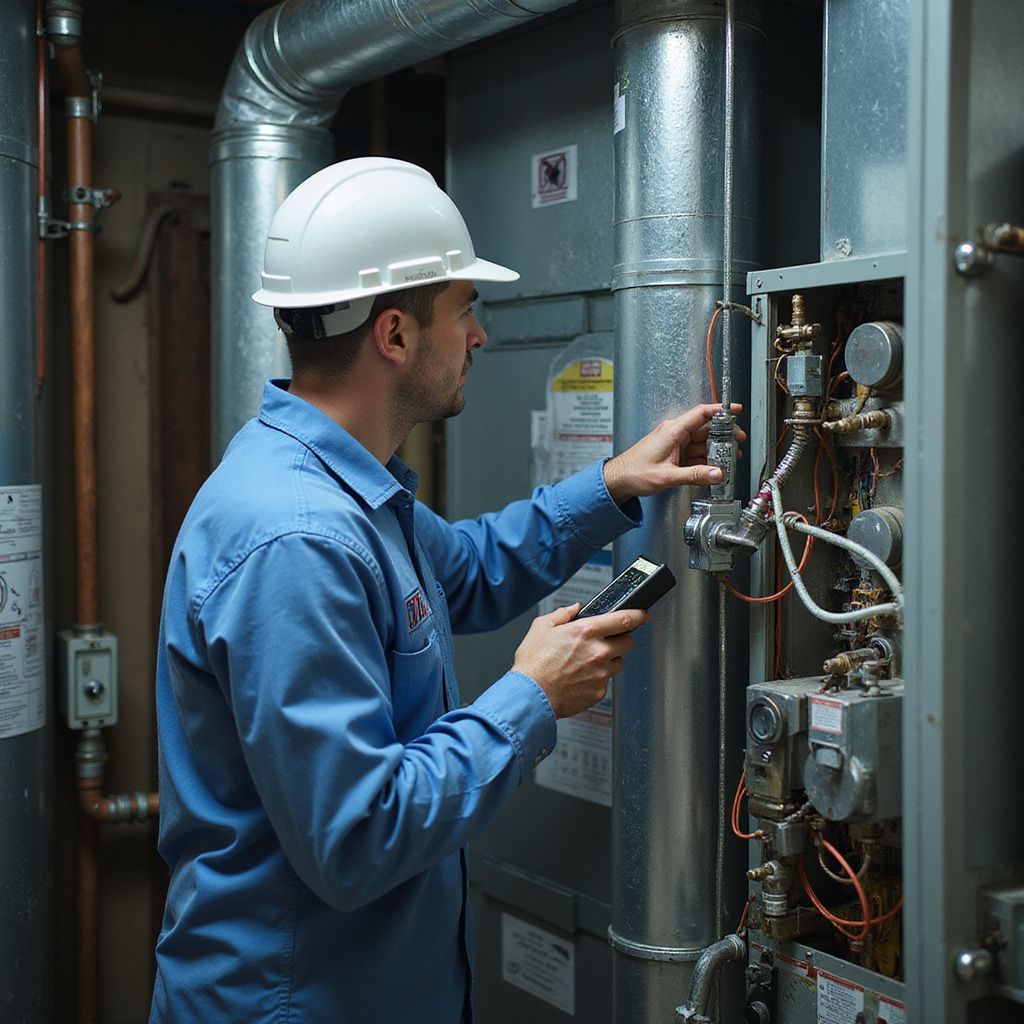 HVAC technician in a blue uniform and hard hat inspecting furnace with a flashlight.