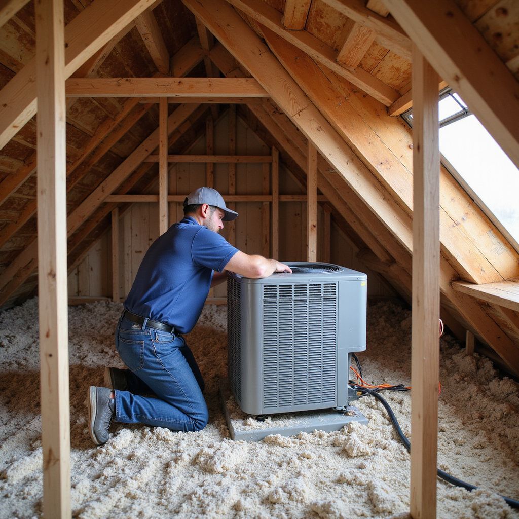 Person installing an air conditioning unit in an attic with insulation.
