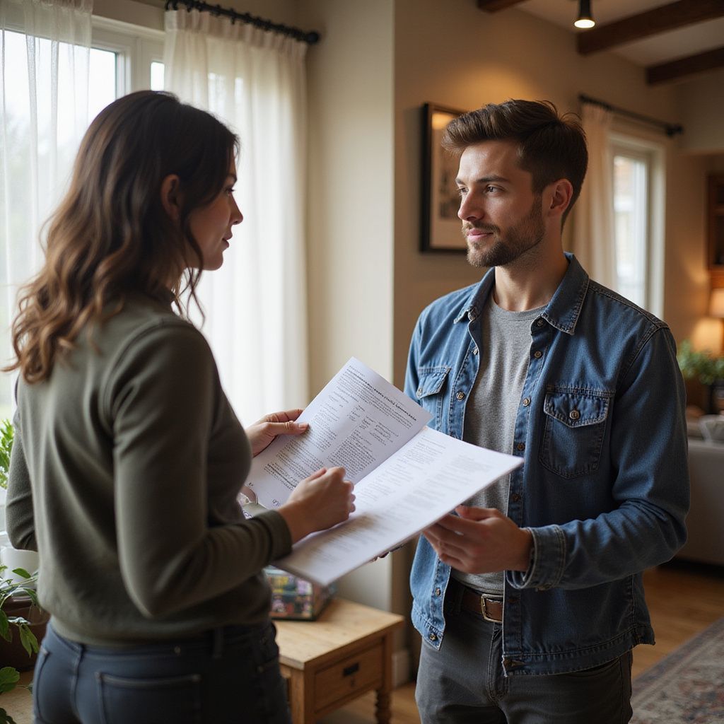 Woman showing papers to a man indoors, near a window; they are talking.