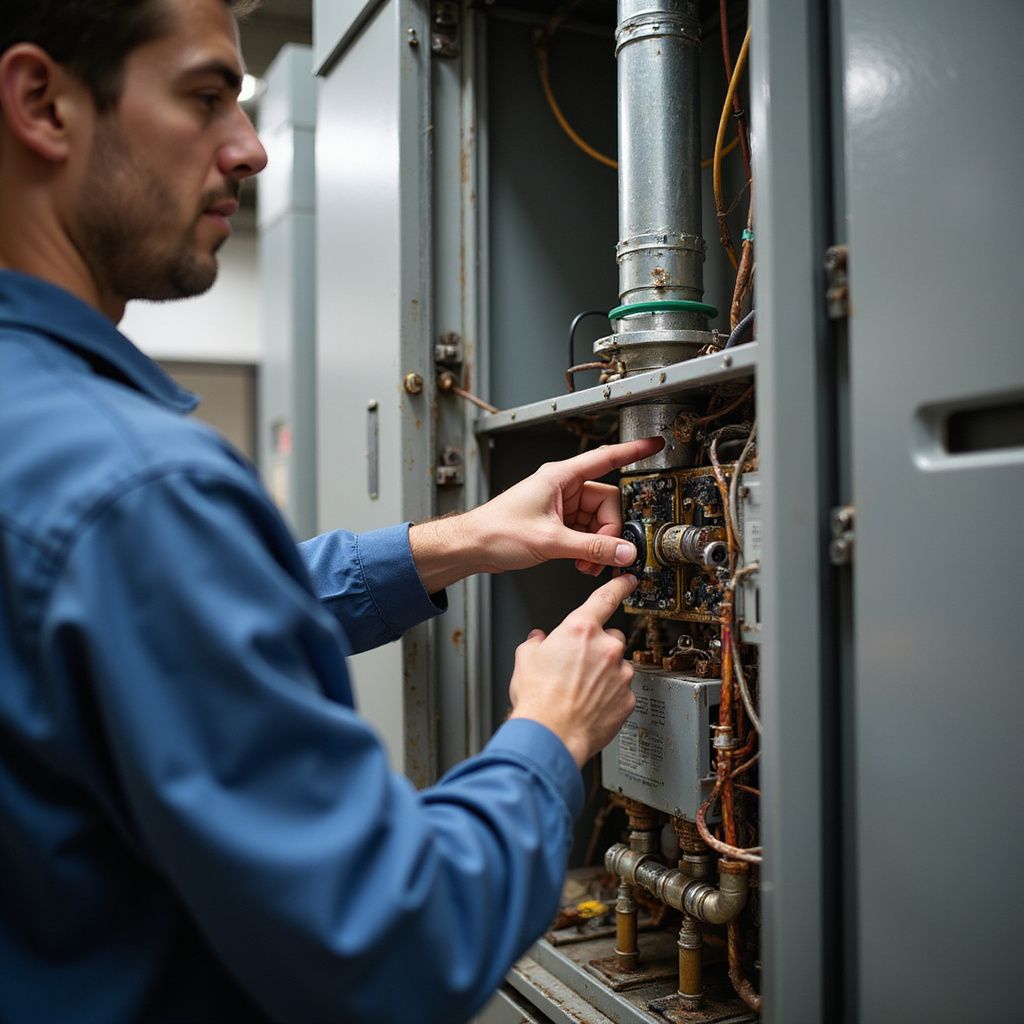 Man in blue shirt working on industrial machinery.