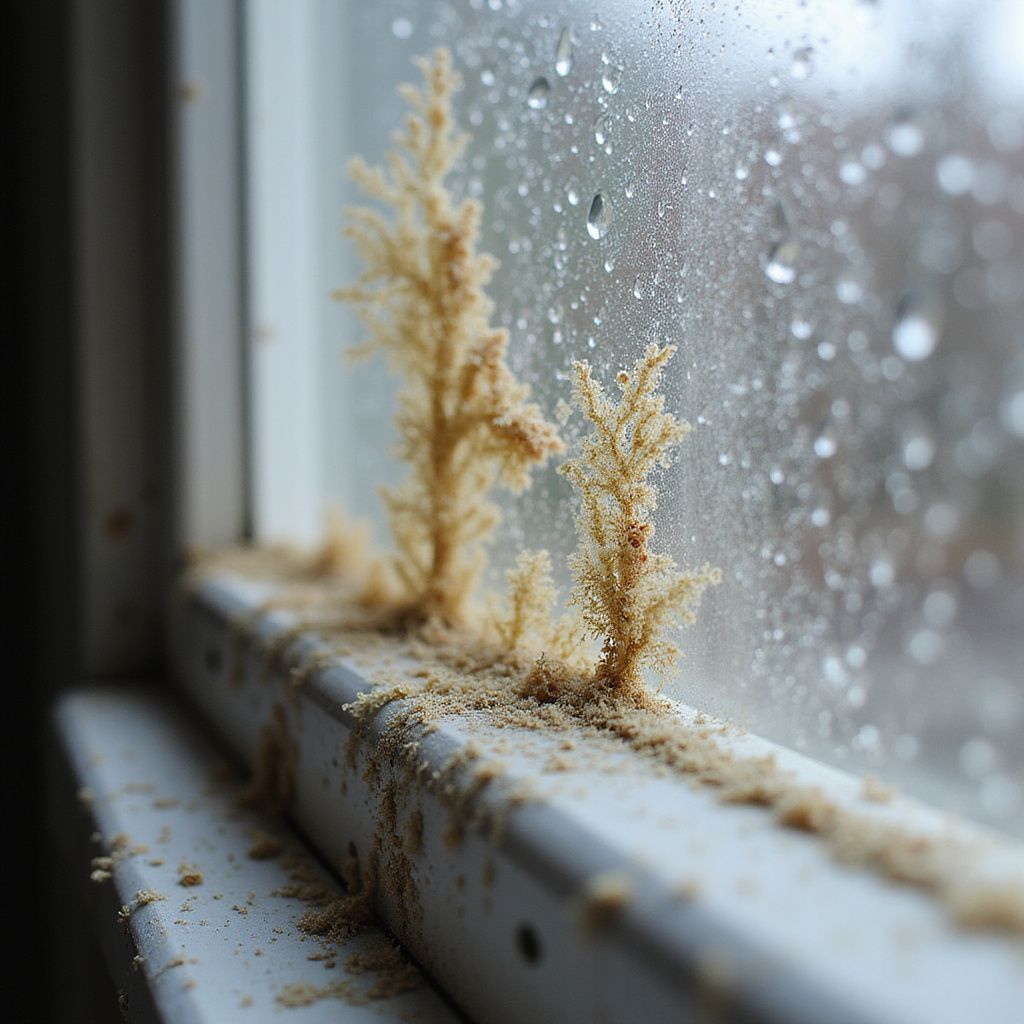 Window sill with brown, branch-like growth and scattered debris, raindrops on the window.