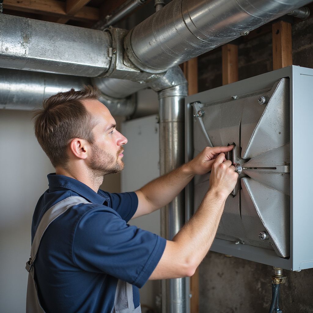 Man in a blue shirt working on a ventilation system, likely a furnace. Industrial setting.