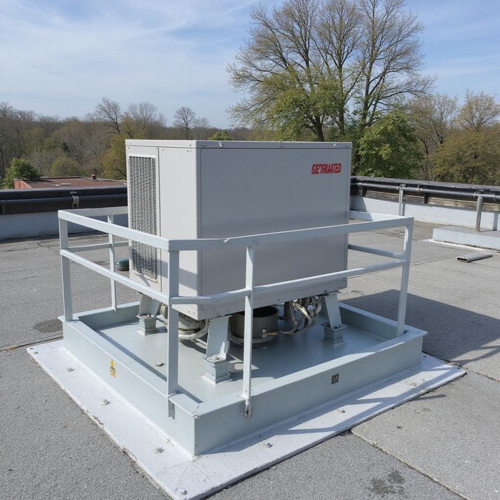 White rooftop HVAC unit on a platform with safety railings. Gray roof with trees in the background.