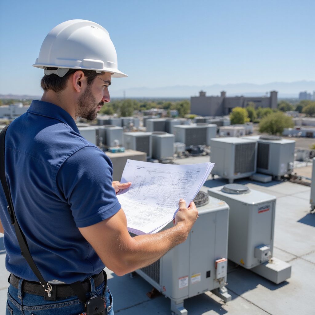 HVAC technician on a rooftop, examining blueprints, surrounded by air conditioning units, sunny day.