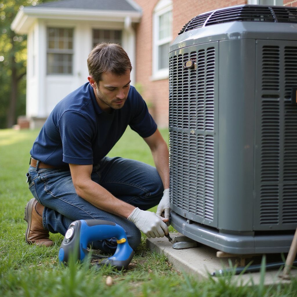 Man in gloves repairs an AC unit outdoors with a flashlight.