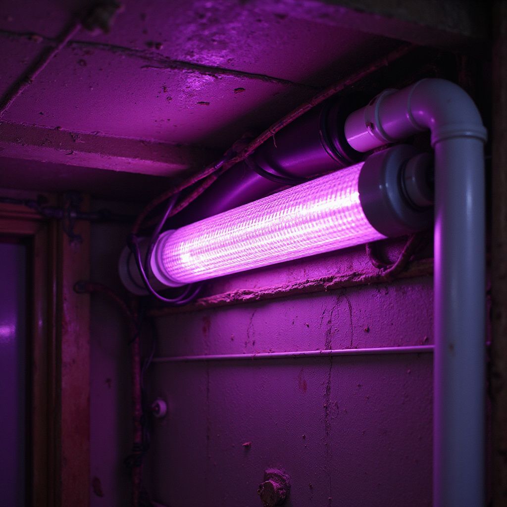 Purple fluorescent light fixture mounted on a dirty wall with pipes, casting purple glow.