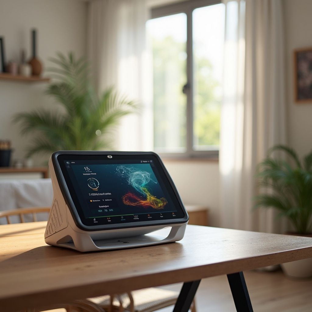 A tablet-like device on a wooden table displays colorful data, with a window and plants in the background.