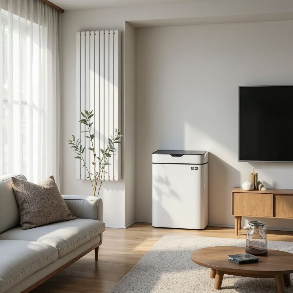 Modern living room with a white air purifier, sofa, TV, and radiator.