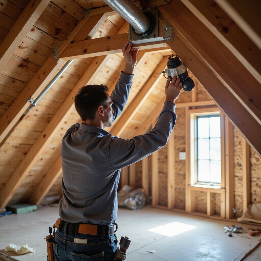 Man installing ductwork in an unfinished attic.