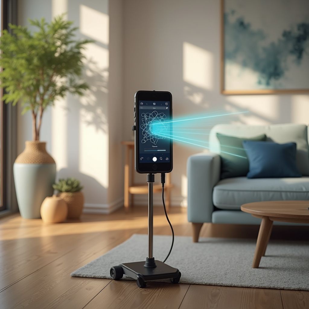 A smartphone on a stand emits a blue beam in a living room with a couch, plant, and wooden floor.