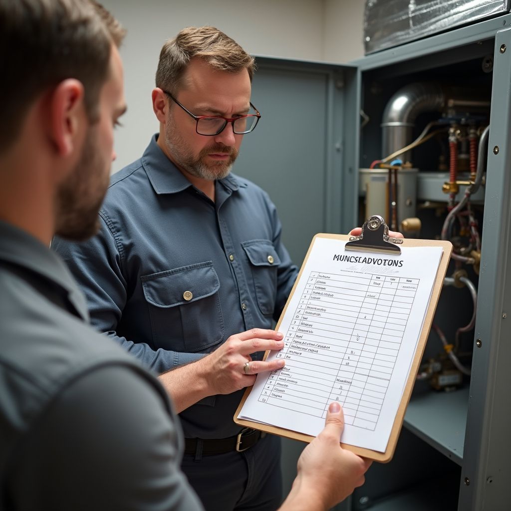 Two technicians examining a checklist near an industrial machine. One points at the paper.