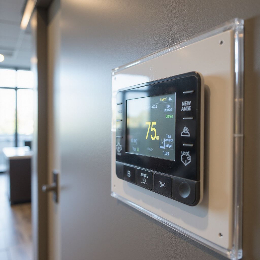 Thermostat on wall shows 75 degrees.