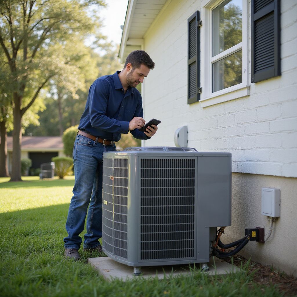 Man checks phone near air conditioning unit outside a house.