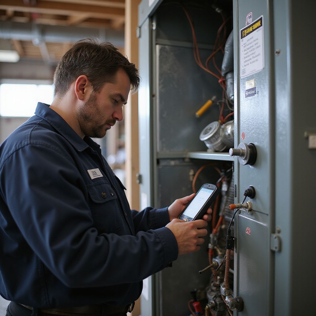 HVAC technician inspecting machinery with a tablet in an industrial setting.