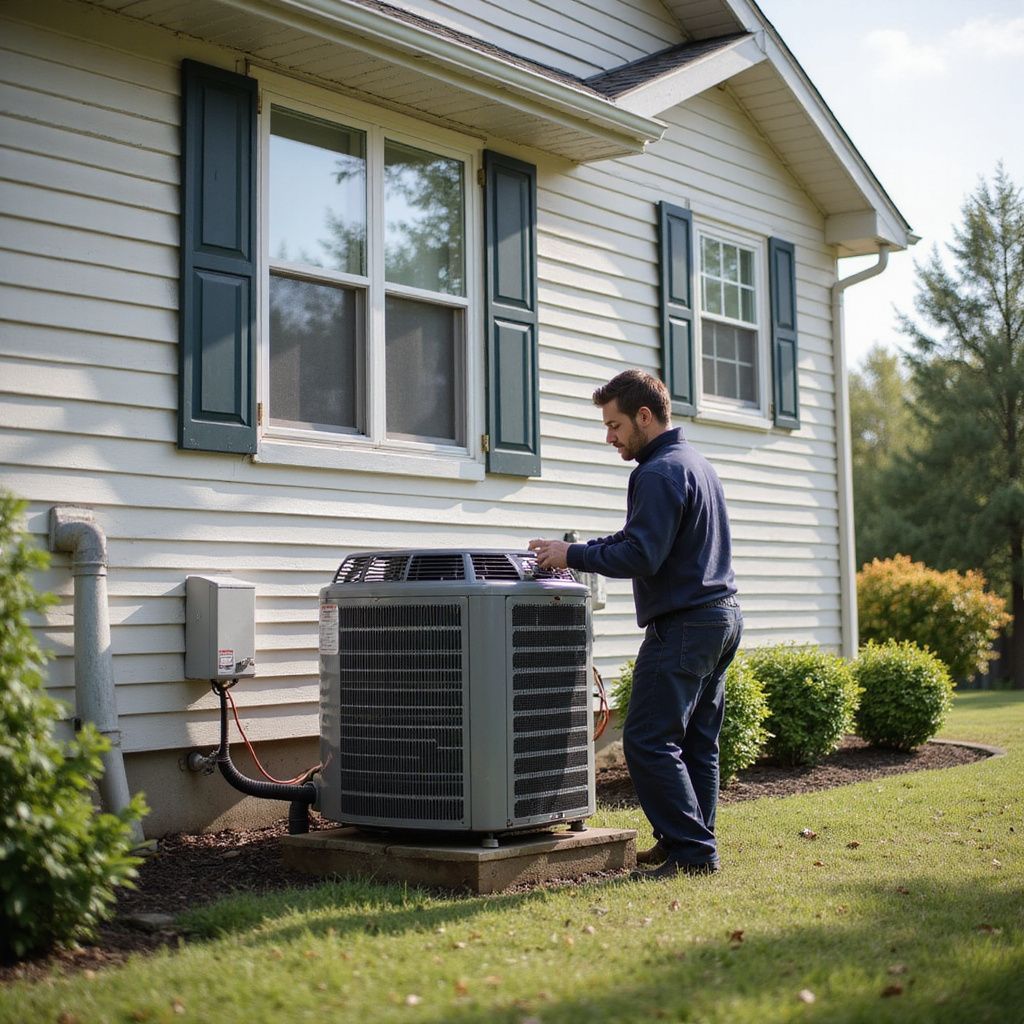 Man inspecting an air conditioning unit outside a house.
