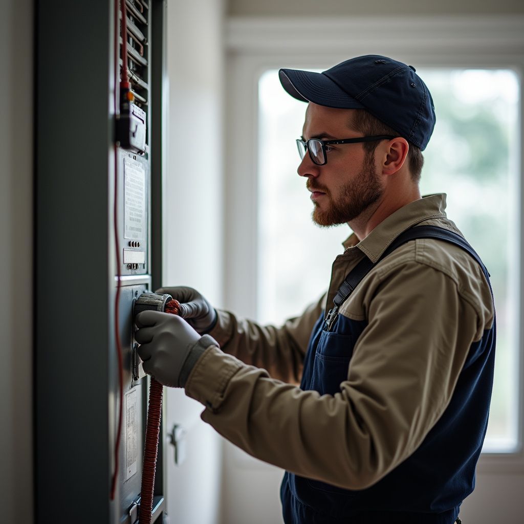 Electrician working on an electrical panel, wearing gloves and a cap.