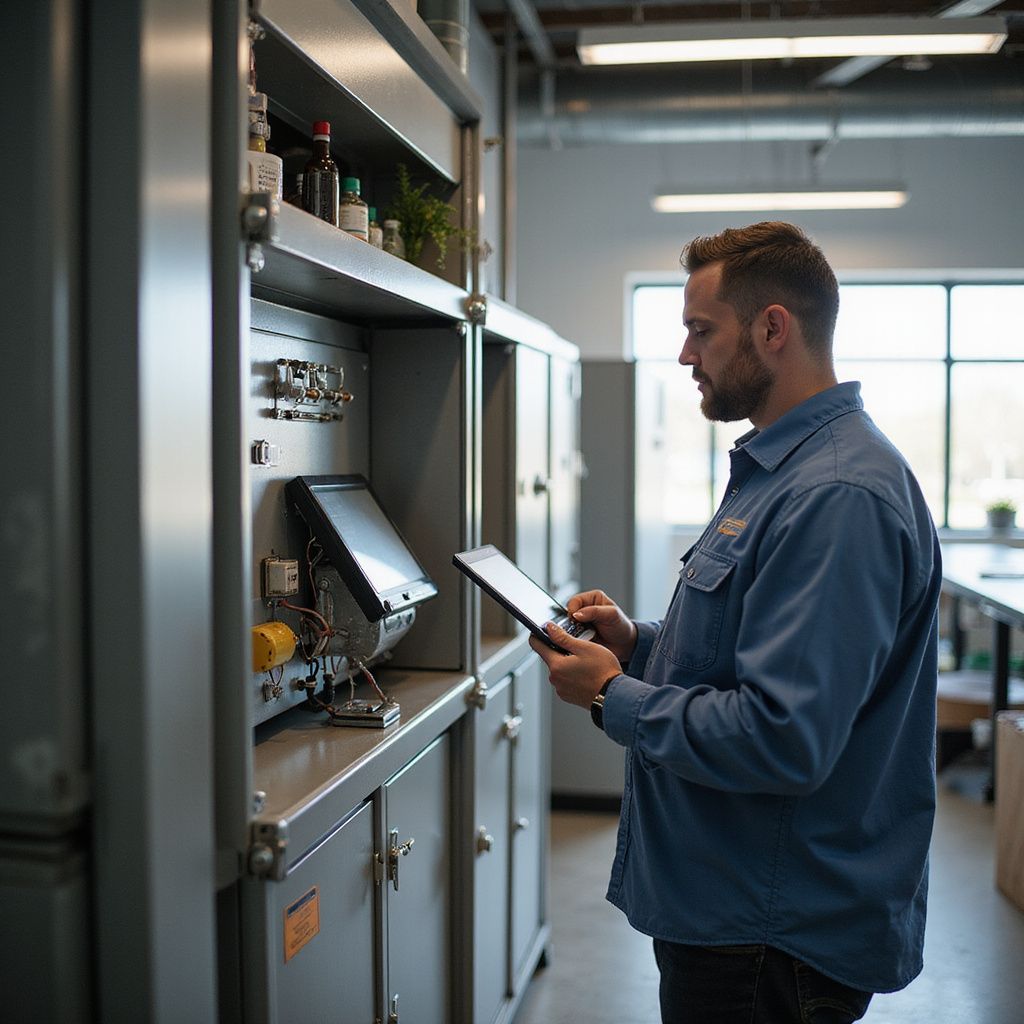 Man in blue shirt using tablet near electrical equipment.
