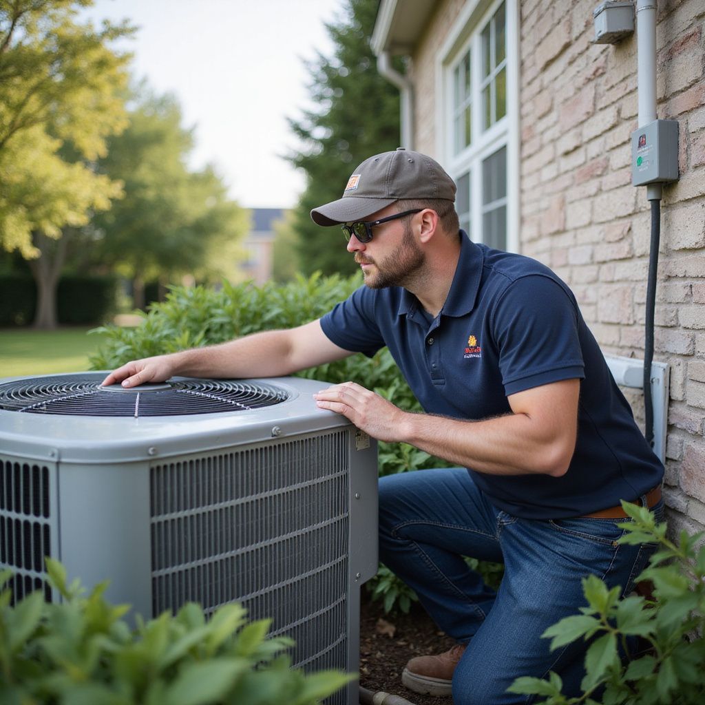HVAC technician in a cap and sunglasses inspecting an outdoor AC unit. Outdoors near a brick wall and bushes.