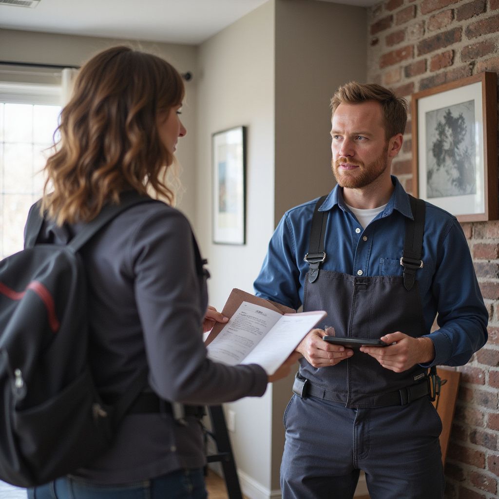 Woman with backpack and clipboard talks to a repairman holding a tablet in a home entryway.