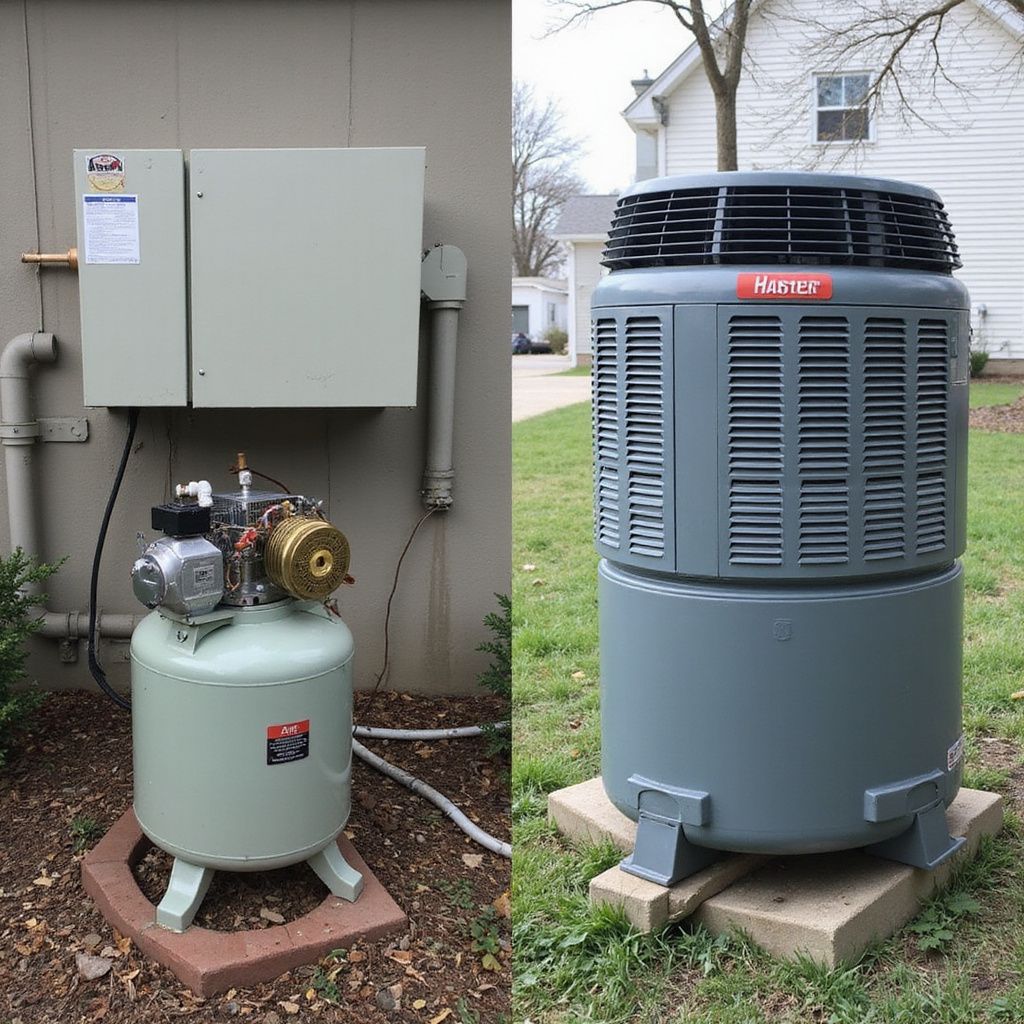 Two outdoor air conditioning units on concrete blocks. One is light green, the other is grey.