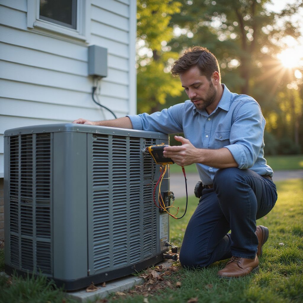 HVAC technician kneeling by an air conditioning unit, inspecting it with a device, outdoors.