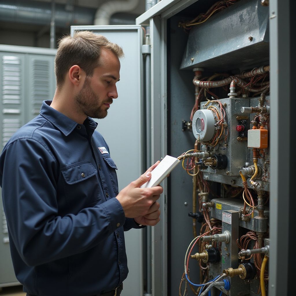 A person in a blue uniform examines machinery, holding a tablet. Indoor setting with gray equipment.
