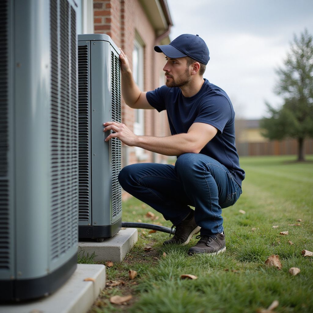 HVAC technician examining an outdoor air conditioning unit next to a brick building.