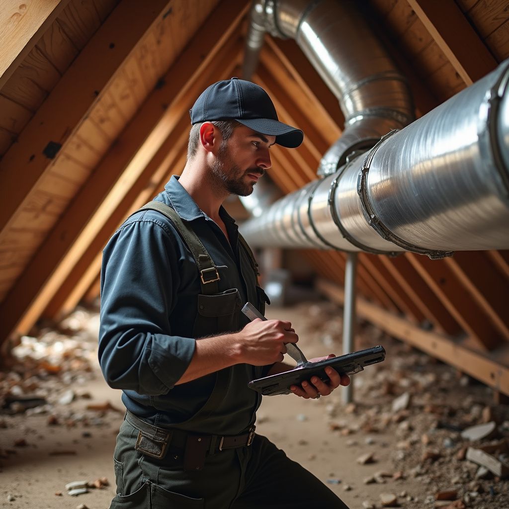 A person in overalls inspects ductwork in an attic, holding a tablet and a pen.