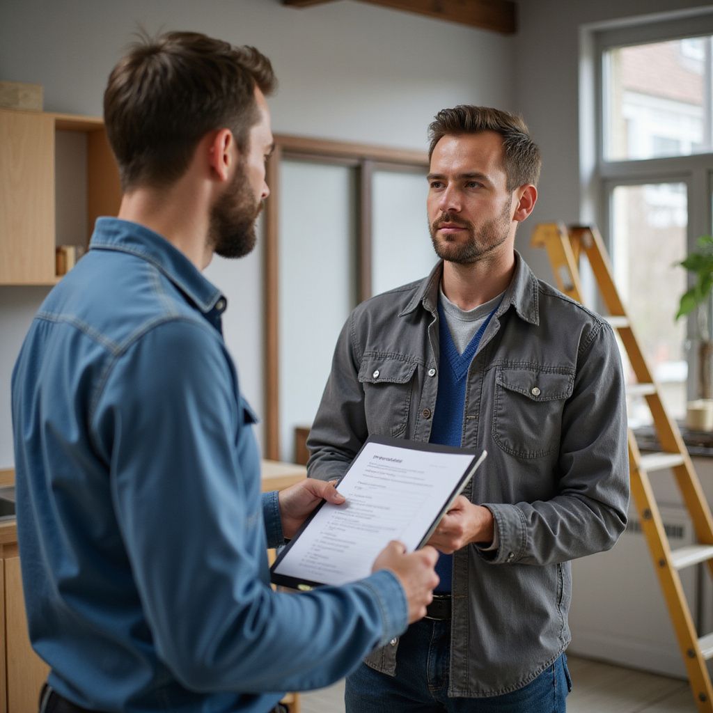 Two men indoors, one holding a clipboard, discussing paperwork.