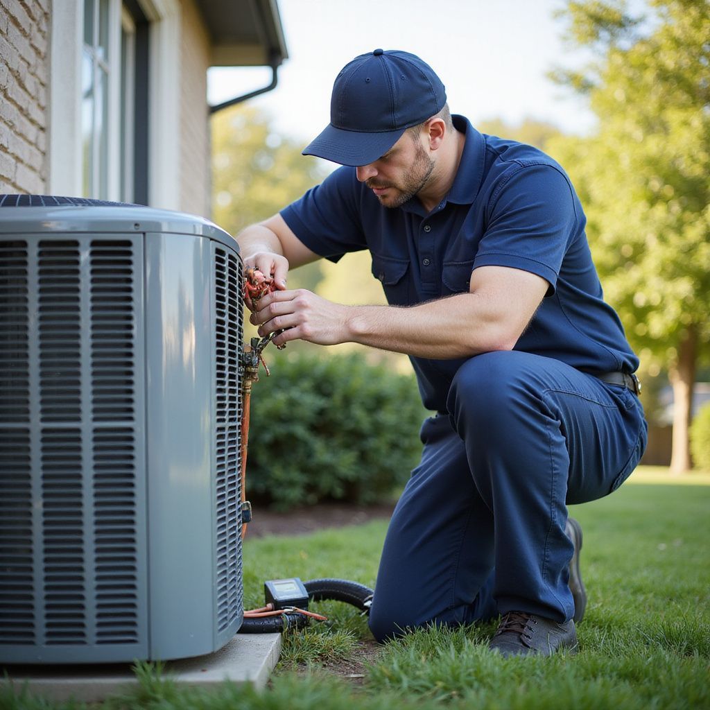 HVAC technician kneels, using tools on an AC unit outdoors near a brick building and green bushes.