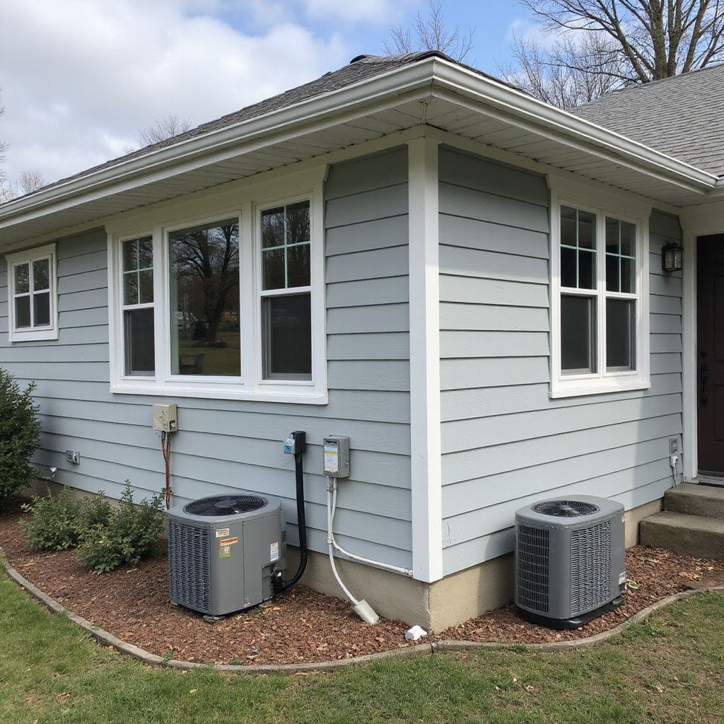 Light blue house corner with white trim, windows, and two air conditioning units.