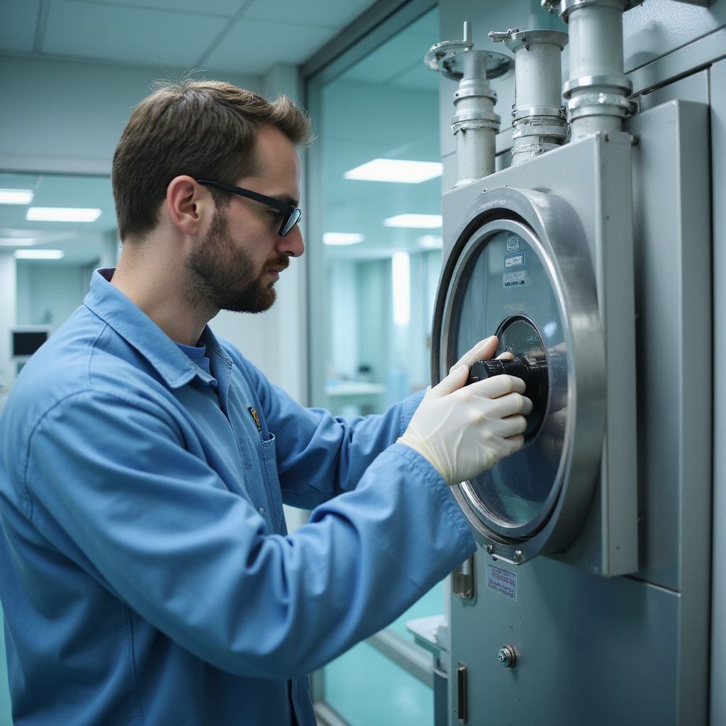 Man in lab coat and gloves operates equipment in a cleanroom.