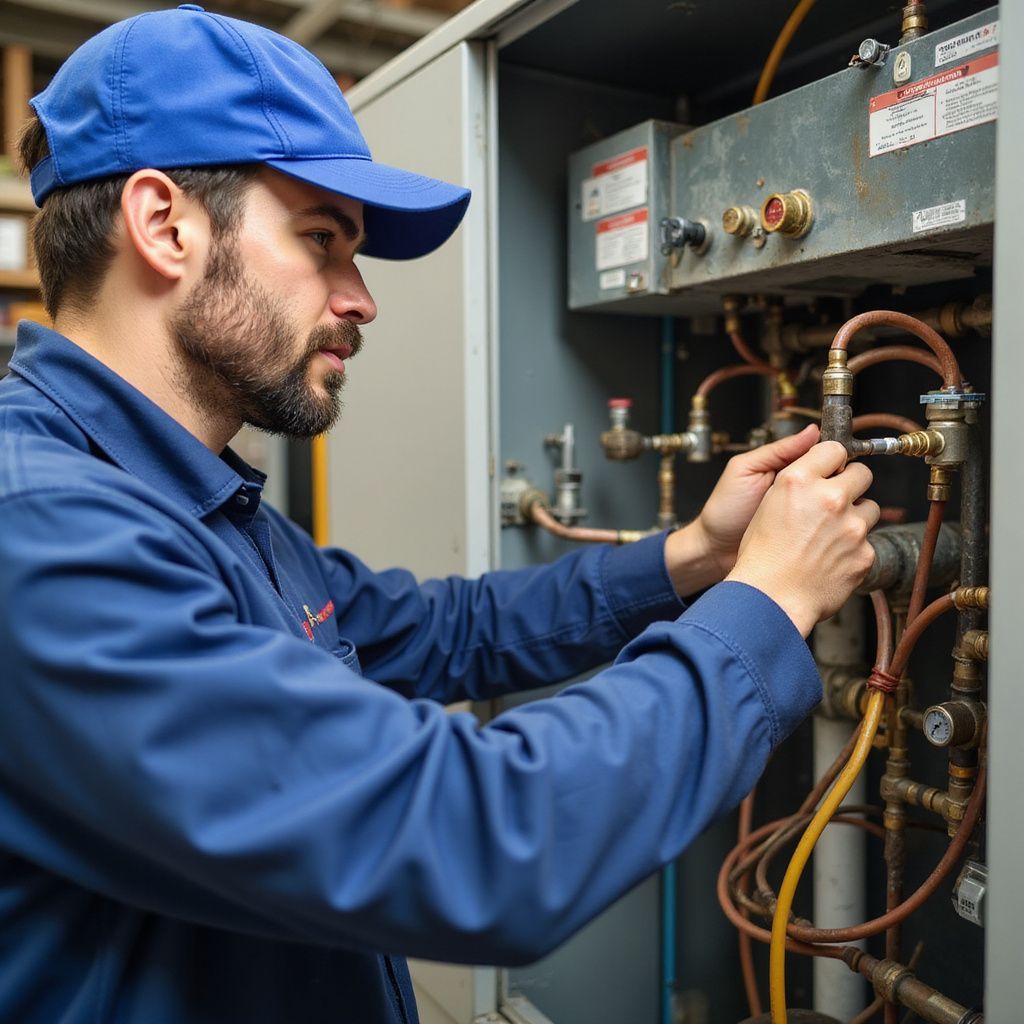 Mechanic in blue uniform and cap working on machine, copper pipes visible.