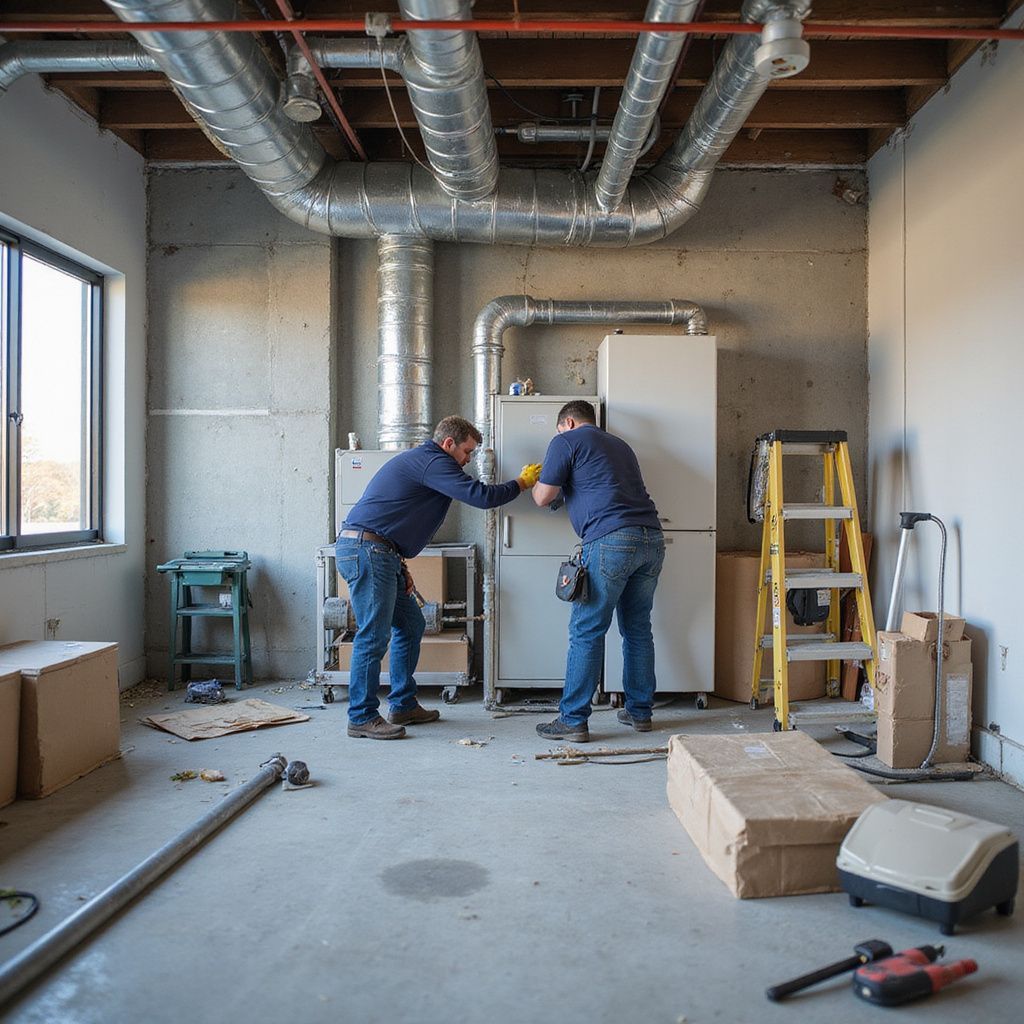 Two workers in blue shirts install HVAC equipment in a concrete room.