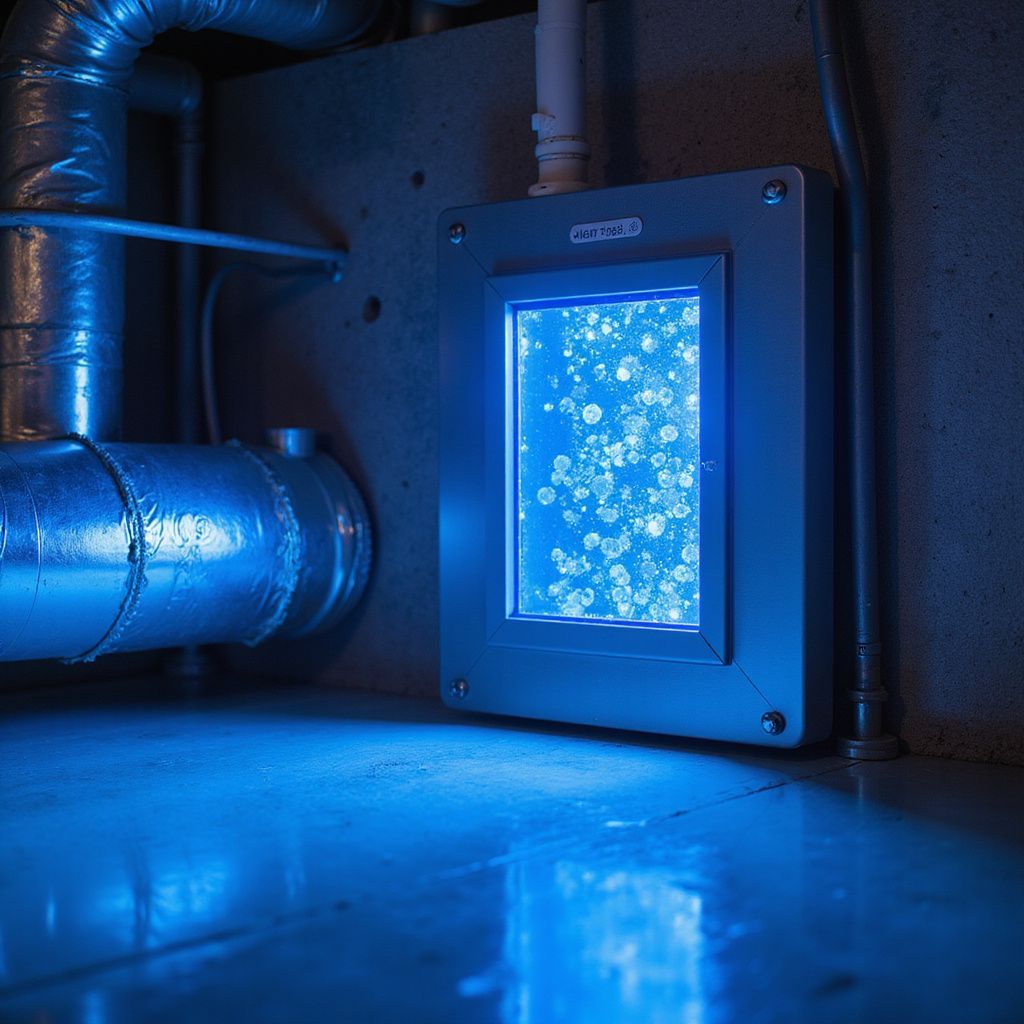 Blue-lit air purification system on a basement wall next to ductwork.